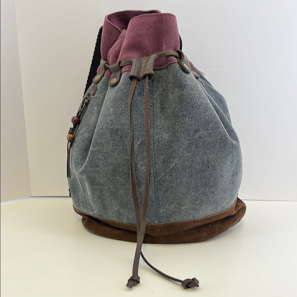 Lucky Brand Fillmore Drawstring Purple & Brown Suede Denim Bucket Bag Backpack